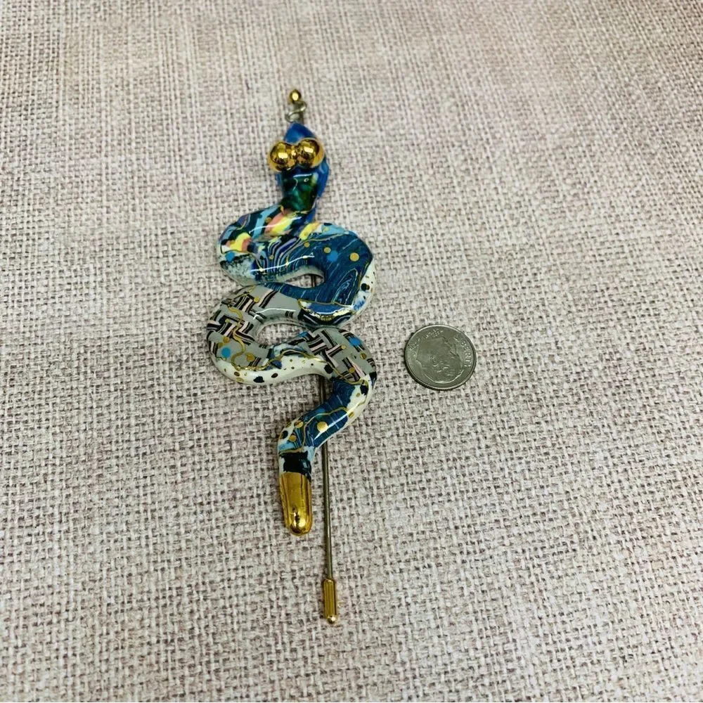 VTG Cynthia Chuang Porcelain Snake‎ Stick Pin Brooch Signed Jewelry 10